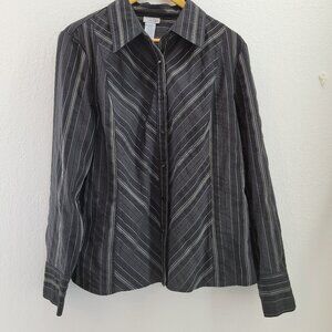 East 5th Top Women's XL Black Gray Striped Button Down Long Sleeve Collared